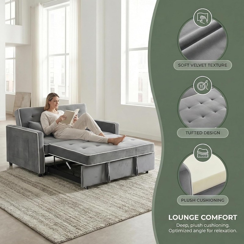 Velvet Sofa Bed with Pull-Out Bed,Side Storage Pockets,Modern Sleeper Sofa.. gallery