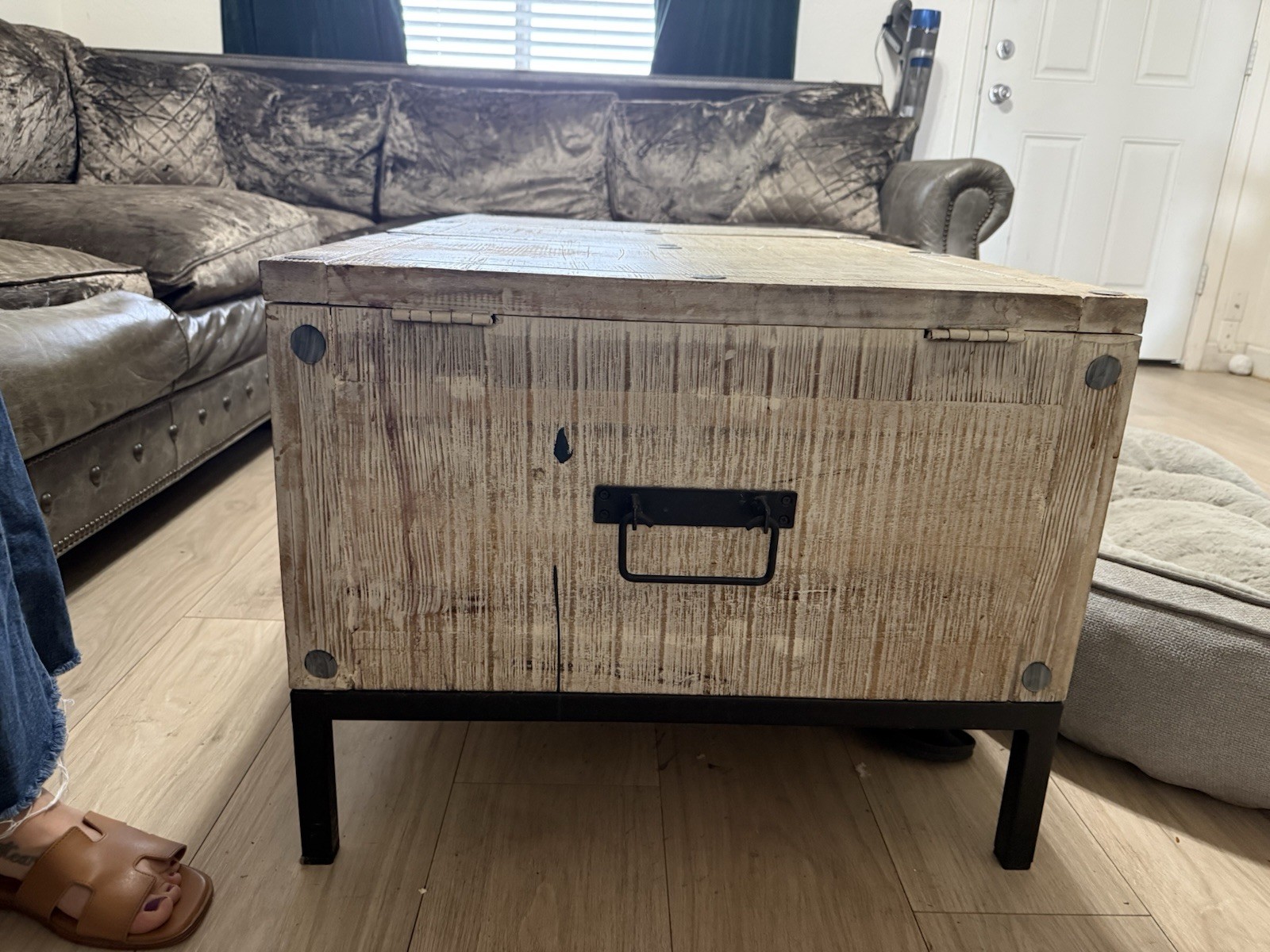 Rectangular Whitewashed Wood Storage Chest 42x24x19 Hinged Lids Metal Handles gallery