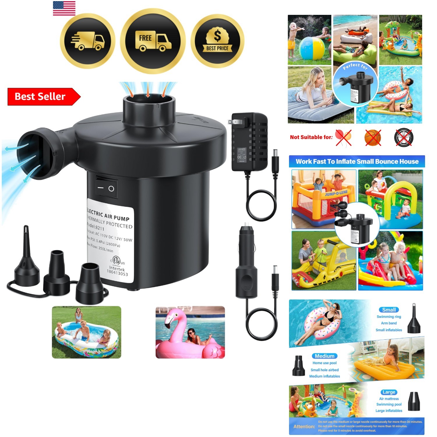 Air Pump Electric Air Pump for Inflatables Air Mattress Pump with 3 Nozzles I... gallery
