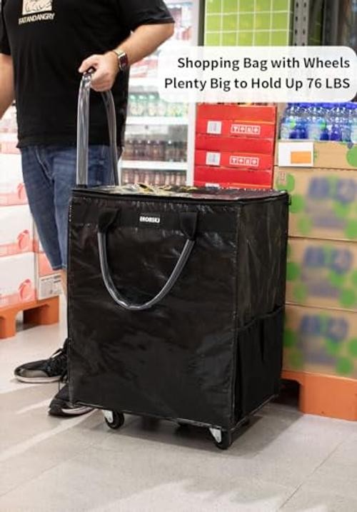 (,) Reusable Grocery Bag on Wheels, 70L Foldable Rolling Medium Black gallery