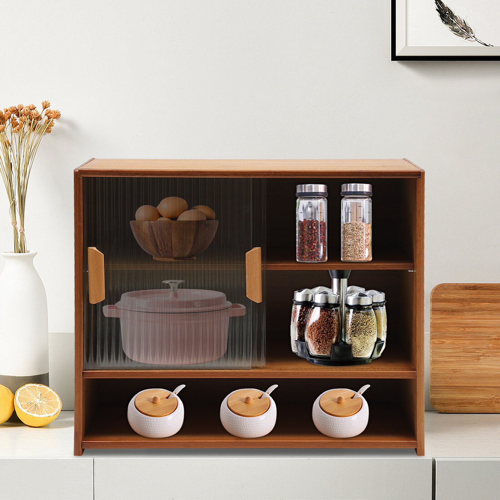 Kitchen Pantry Sideboard Bamboo Small Storage Cabinet Sliding Door Cupboard gallery