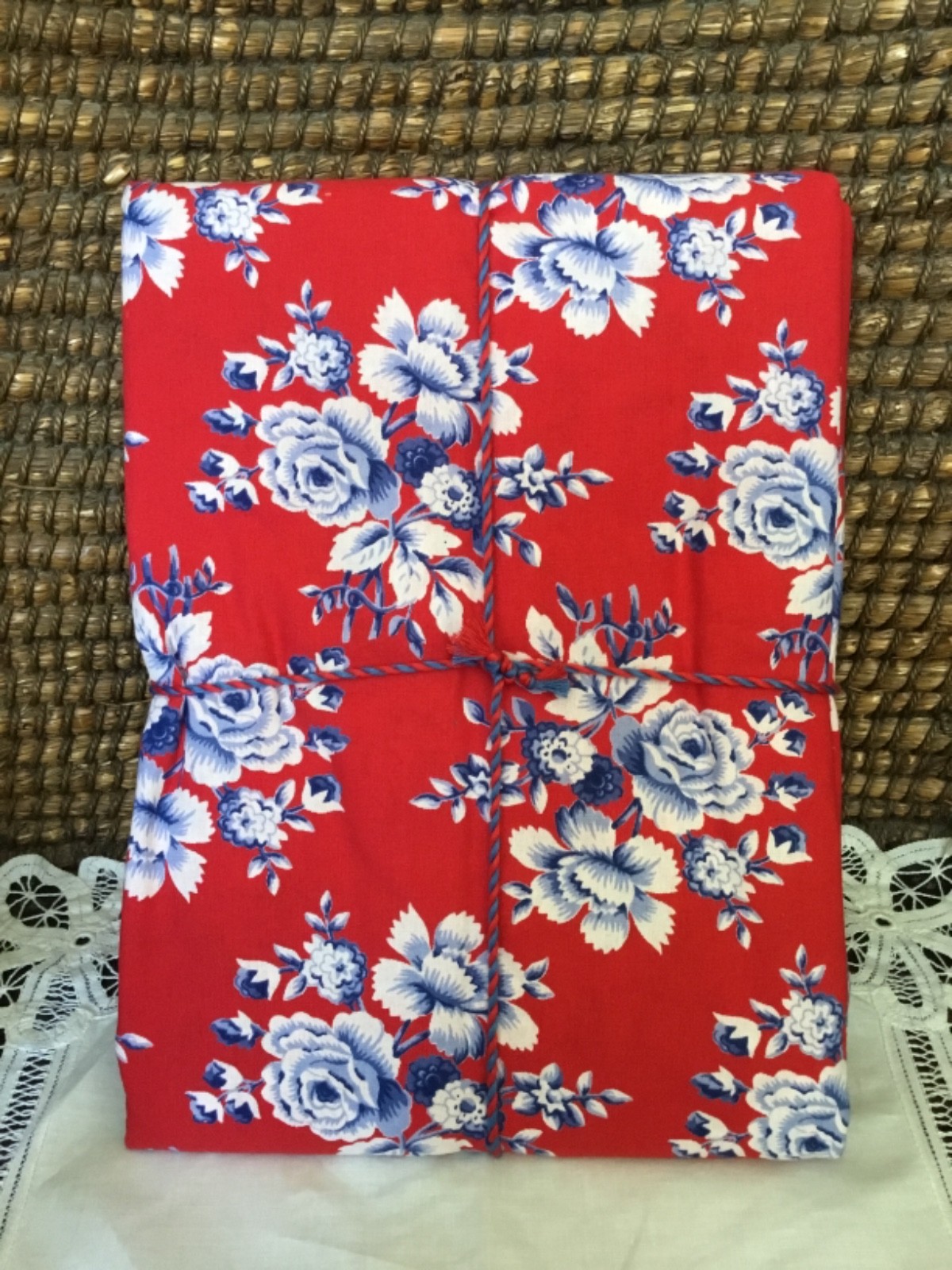 APRIL CORNELL Willa Rose Flower Tablecloth Cotton 60” x 84” Red/Blue/White NEW gallery
