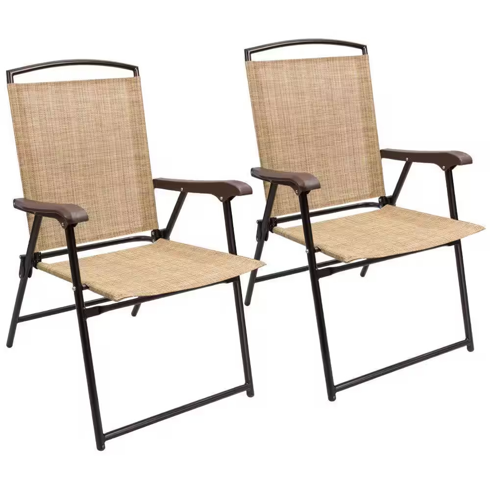 Beige Metal and Plastic Patio Folding Beach Chair Deck Sling Chair Camping Garde gallery