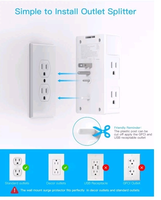 3 Side Power Strip Multi Plug Expander, Surge Protector, 5 Outlets Extender,... gallery