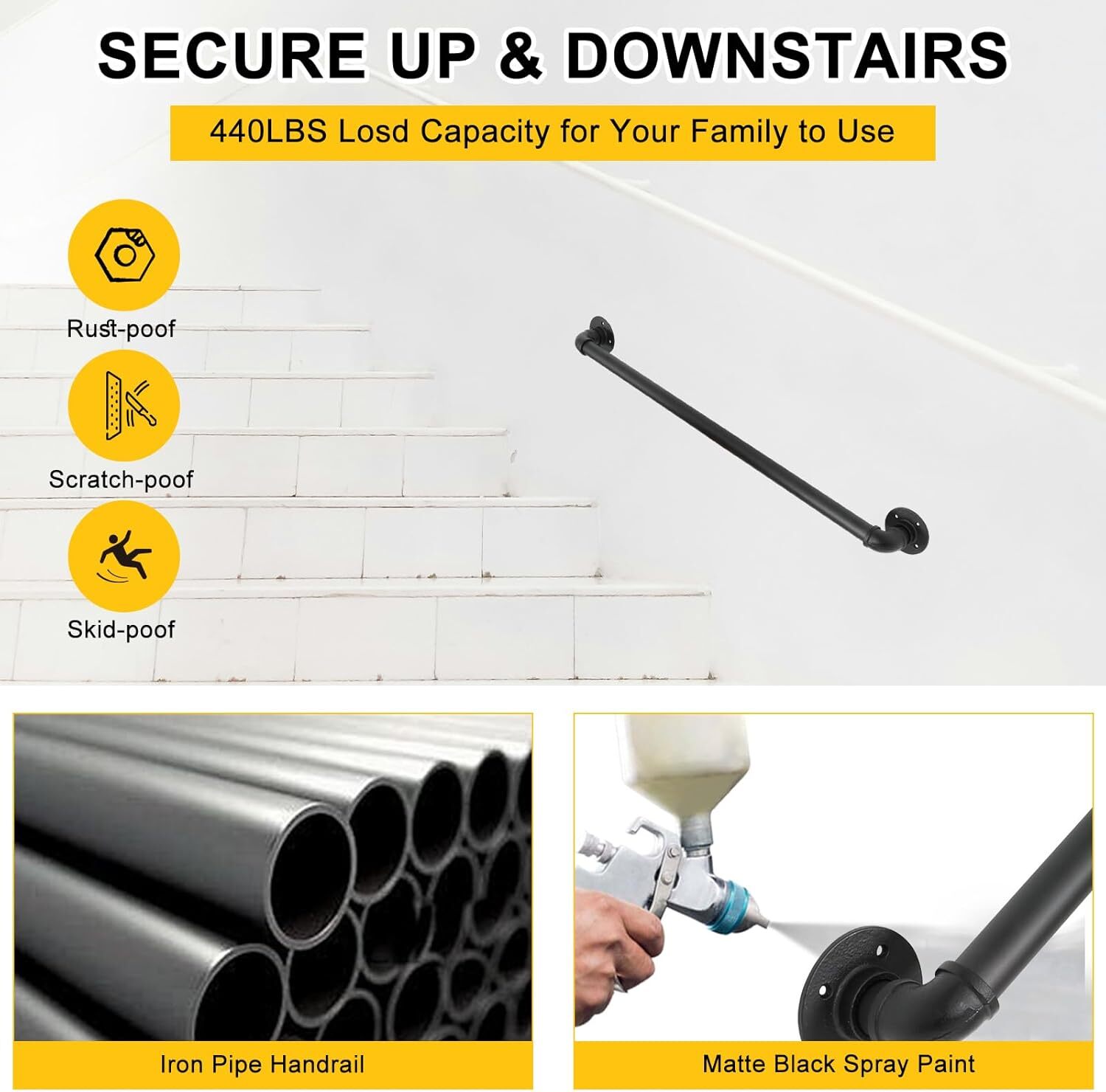 3Ft Wall Mounted Stair Handrail Metal Indoor Outdoor Railing Black gallery