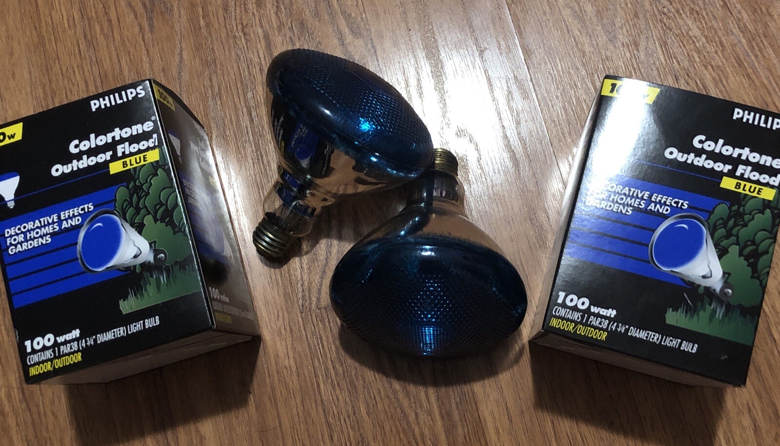 Philips Colortone Floodlight BLUE Set Of 2 - NOS Lightbulb - 4 3/4 Bulb - 100 W gallery