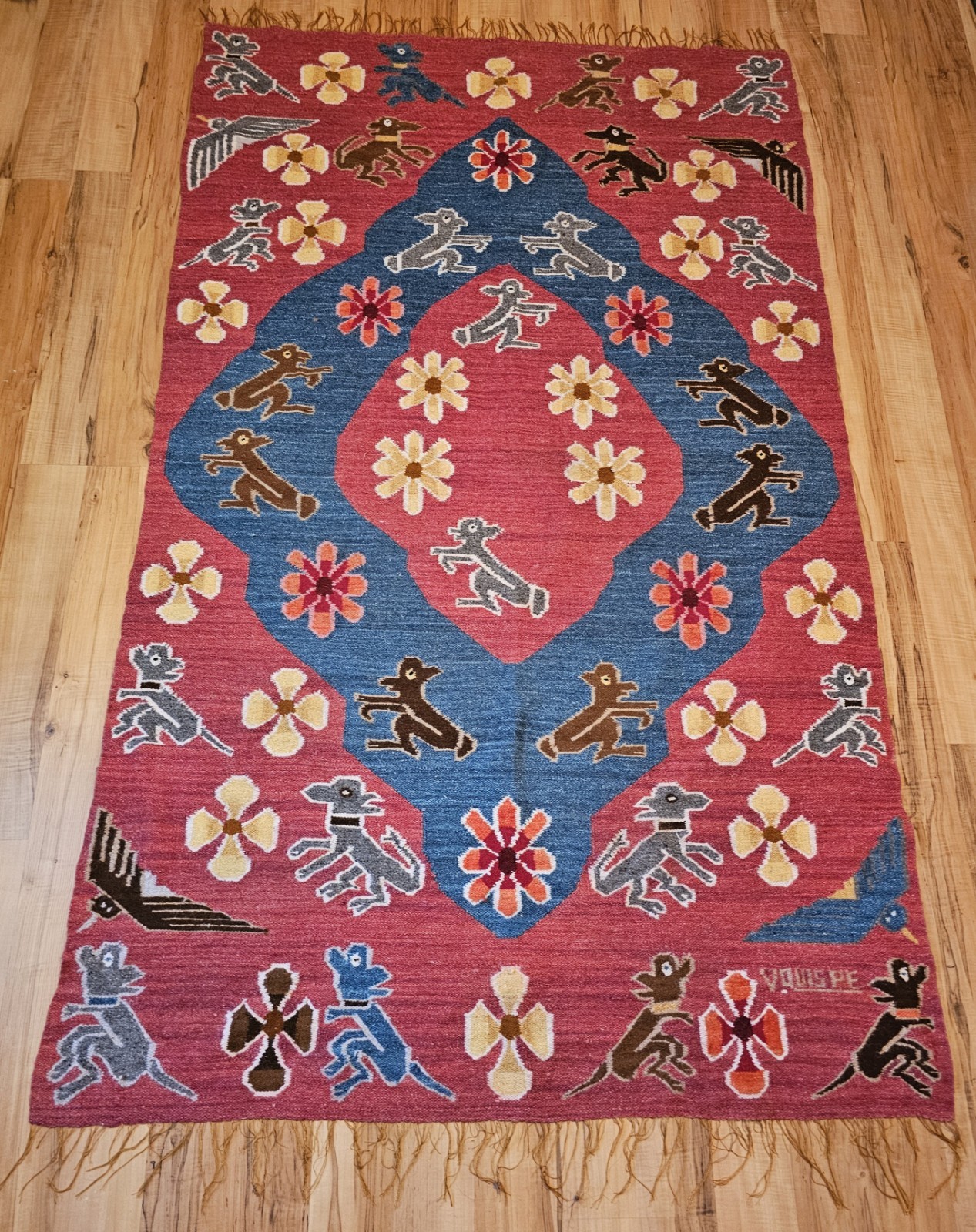 Signed Peru Andean Rug, 72x44" Artisan Handmade, 70s Cusco Jungle Monkeys Tribal gallery