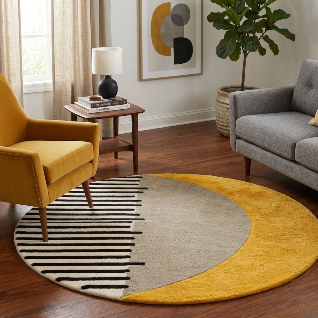 Hand Tufted Round Wool Rug Modern Geometric Striped Circle Carpet Large Area Mat gallery