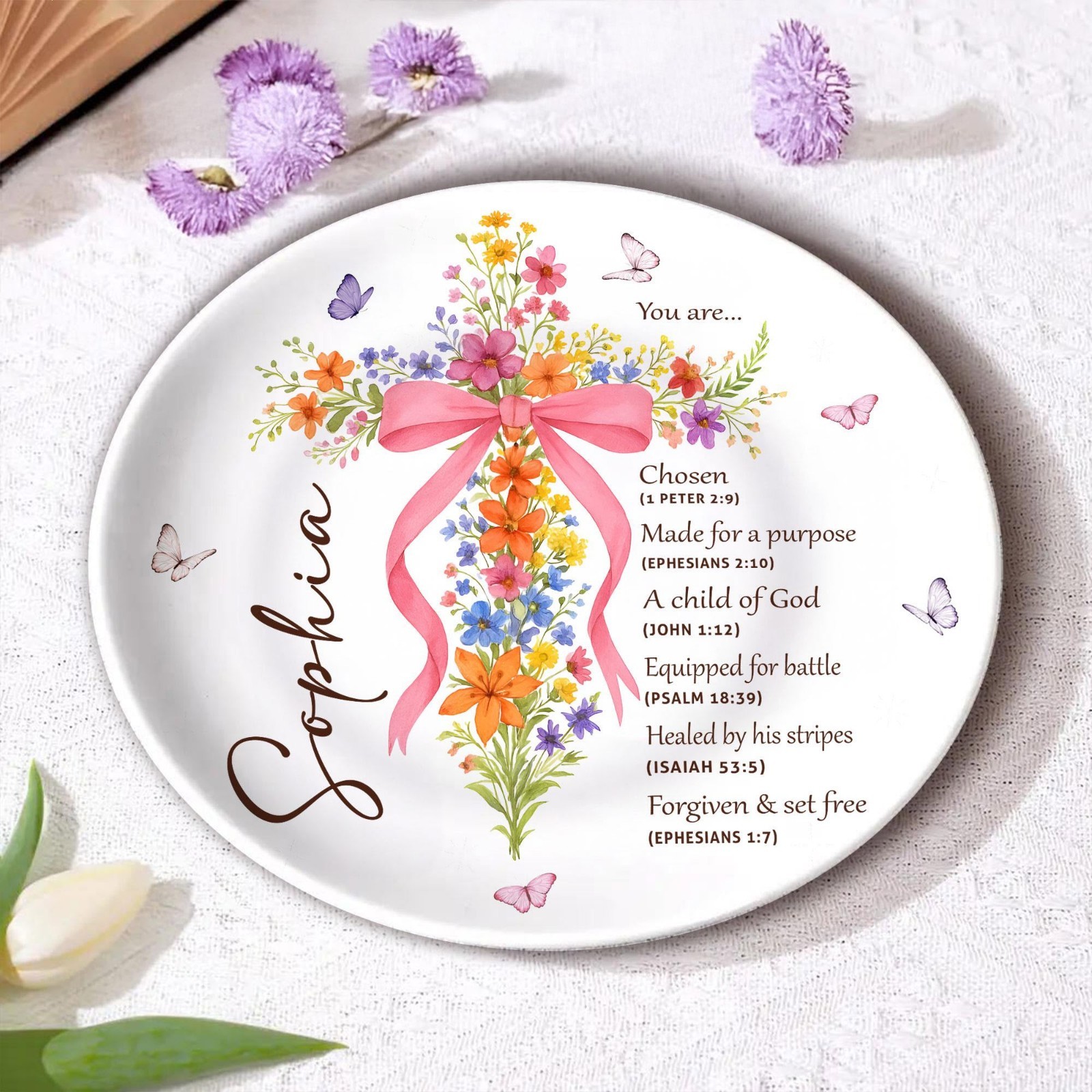 Personalized Bow Cross Christian Baptism Plastic Plate Gift Baby Girl Custom Art gallery