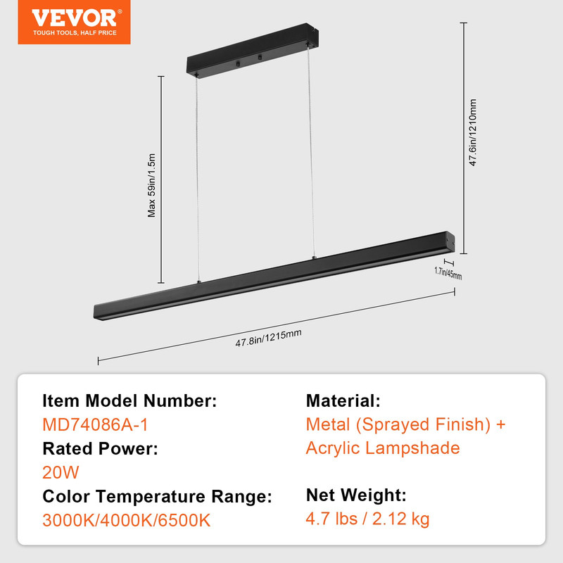 VEVOR Dimmable Linear Pendant Light 20W 47in LED Linear Light Fixture Chandelier gallery