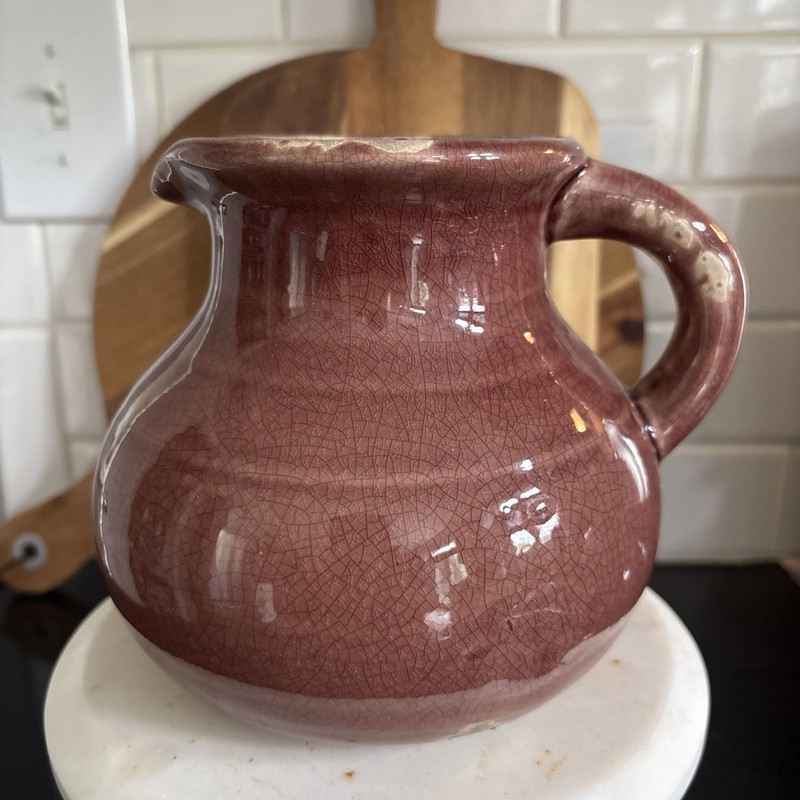 POTTERY BARN Mira Ceramic Small Rustic Brown Vase Pitcher Jug 6”H x 6.5”W gallery