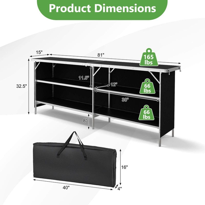 Portable Bar Table Folding Camping Table w/ Aluminum Alloy Frame 2-Tier Shelves gallery