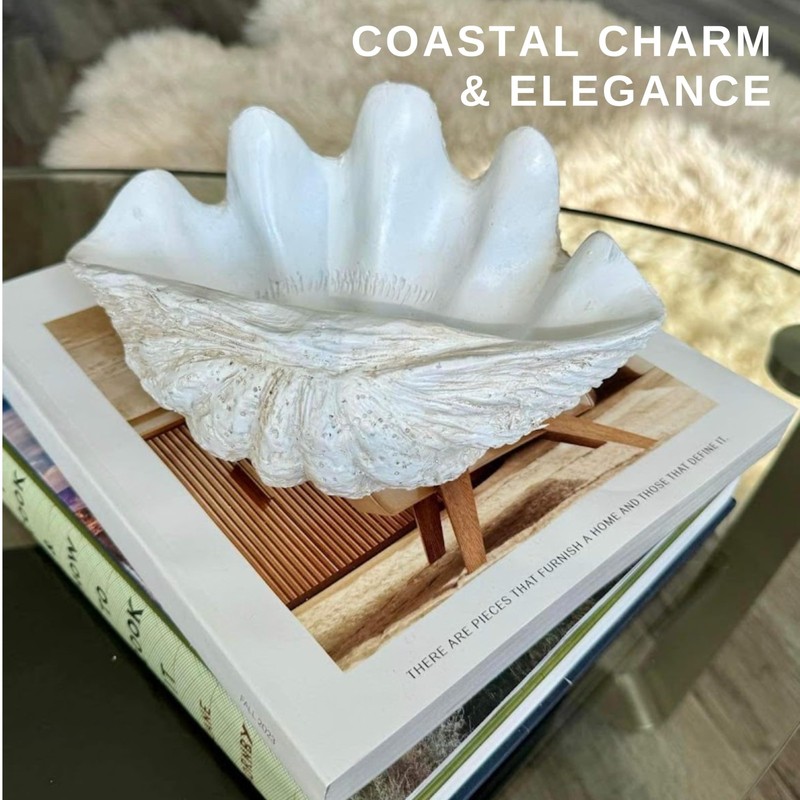 Small Clam Shell Sculpture - Handcrafted White Resin Replica - Seashell for Home gallery
