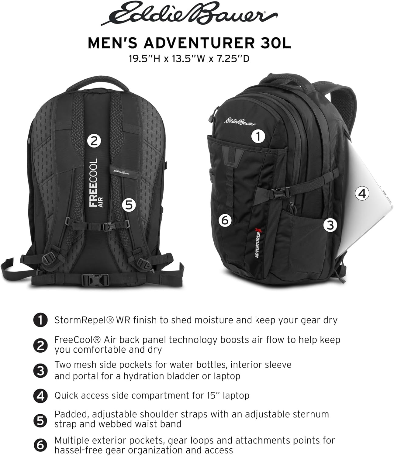 30L Black Adventurer Backpack - Organized, Hydration & Laptop Ready 2