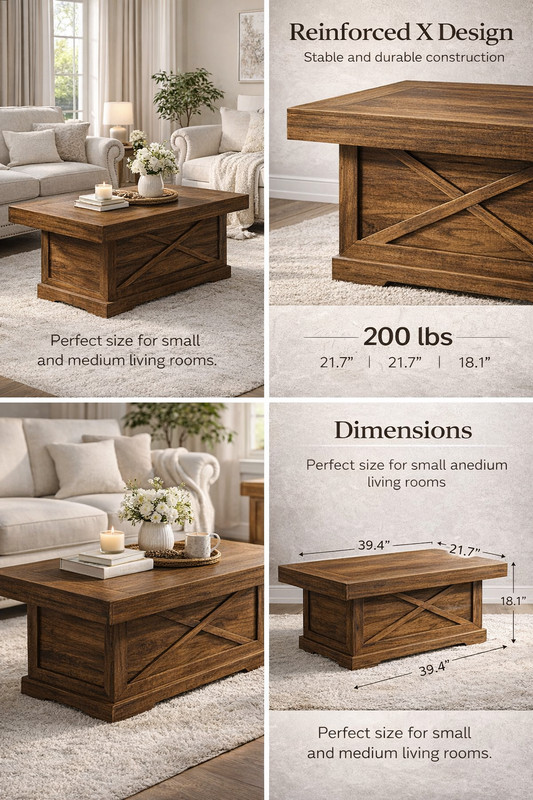 Rustic Square Coffee Table 39.4" Walnut for Living Room and Modern Office gallery