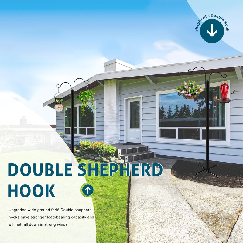 Double Shepherds Hooks for Outdoor, 76 Inch Bird Feeder Pole with 5 Prong Bas... gallery