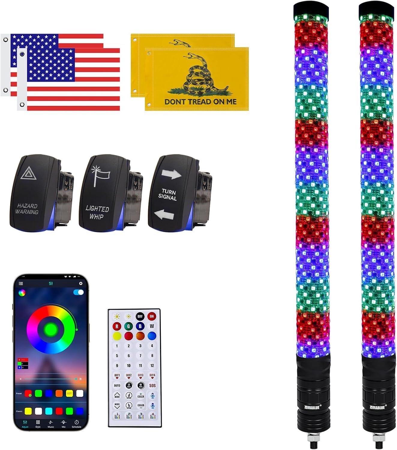 ZIMABLUE 2FT Fat Whip Lights 2PC App Remote RGB Chasing 3 Switchs gallery