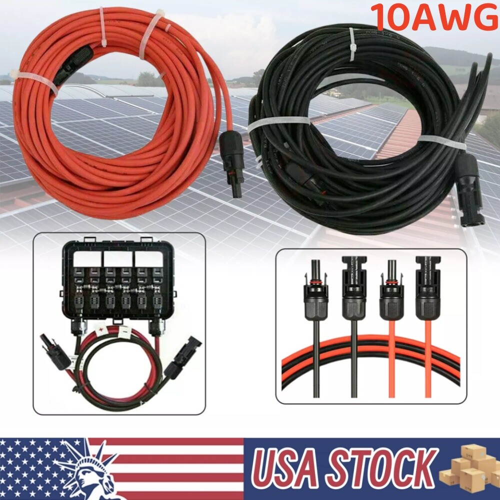 10 AWG Solar Panel Extension Cable PV Wire Solar Connectors Pair Black Red 6mm² gallery