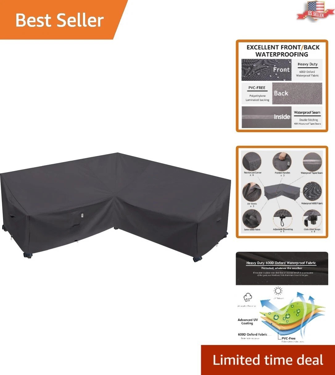Durable V-Shaped Outdoor Sectional Sofa Cover - 90" x 90" - Weather Protection gallery