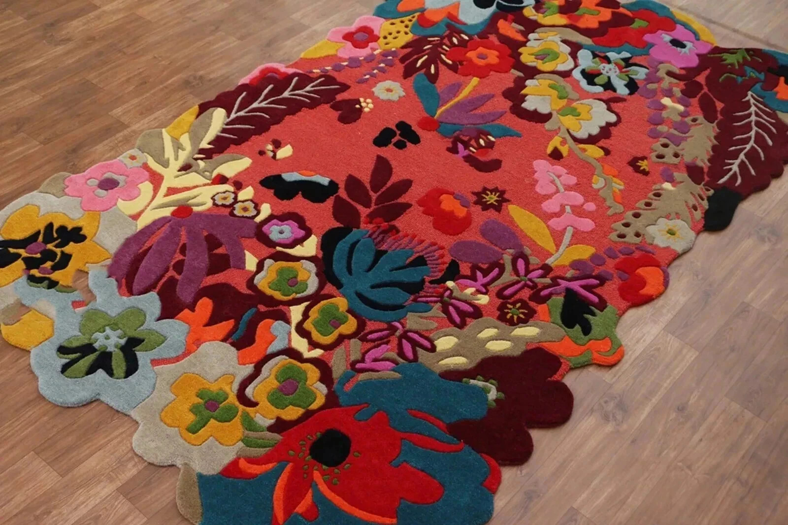 New Floral Red High & Low Pile Modern Hand-Tufted 100% Wool Area Rug Carpet gallery
