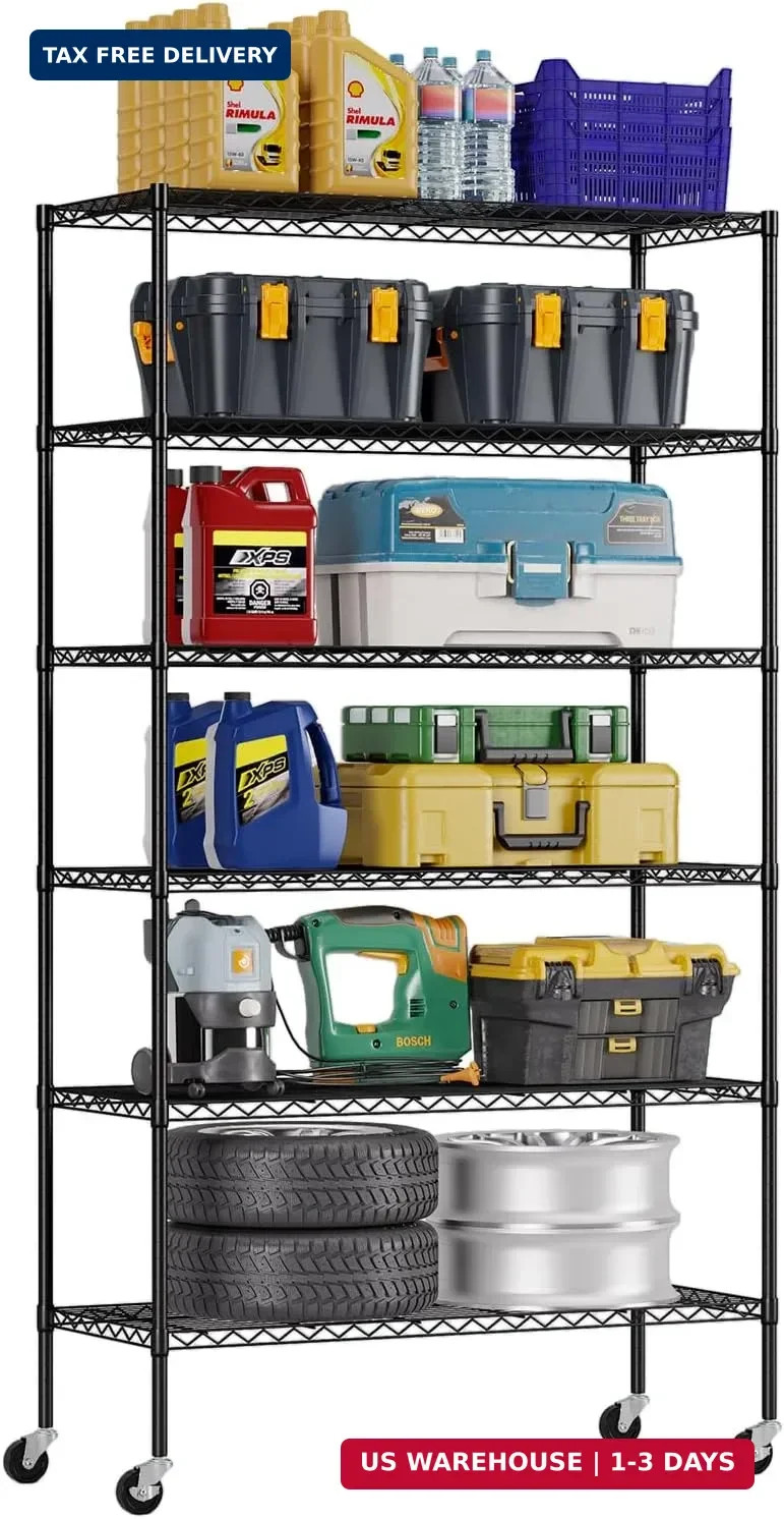 FDW | 6-Tier Wire Storage Shelves with Wheels | 45"x18"x82" | Black | Adjustable gallery
