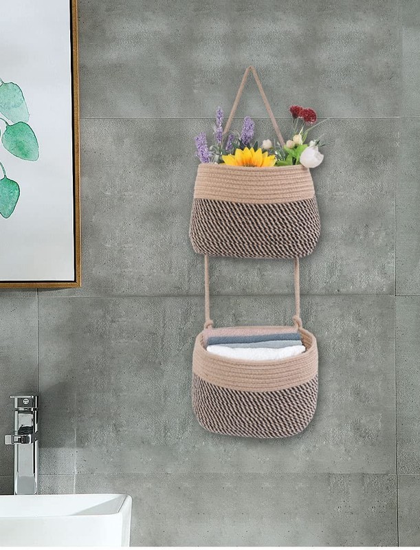 Over The Door Hanging Basket, 2 Tier Cotton Rope Woven Wall Basket, Magazine ... gallery