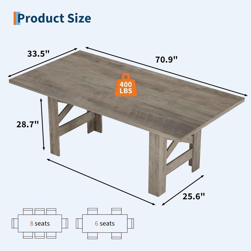 71" Rectangular Farmhouse Dining Table for 6-8, Wood Table Only, Triangular Legs gallery