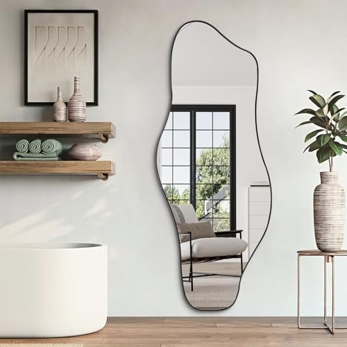 Large Irregular Mirror, 60"x24" Asymmetrical Tempered Glass 60"L x 24"W Black gallery