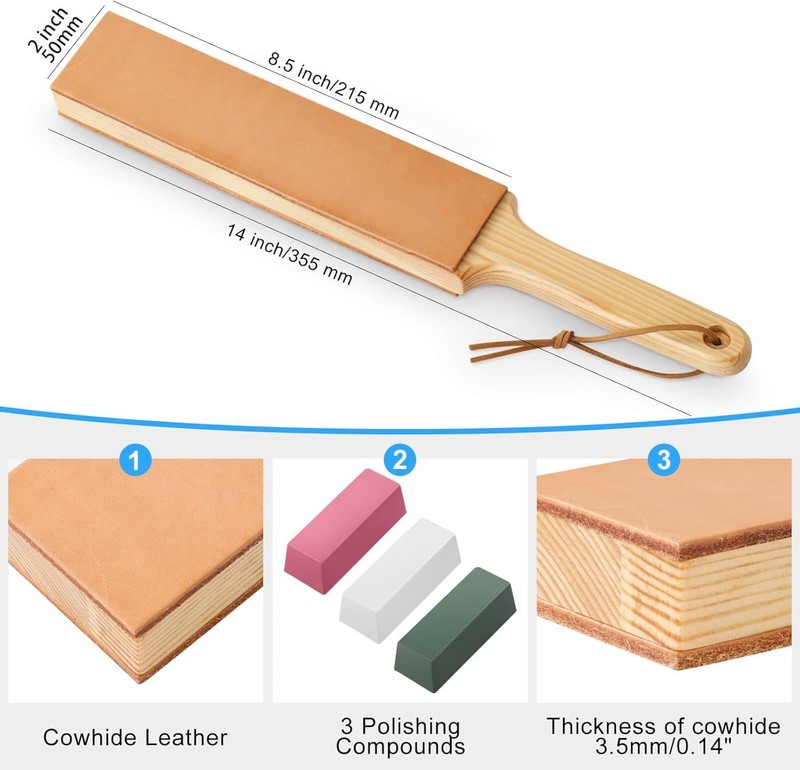 ANGERSTONE Double Side Leather Strop for Knife Sharpening - 14"x 2" Stropping gallery