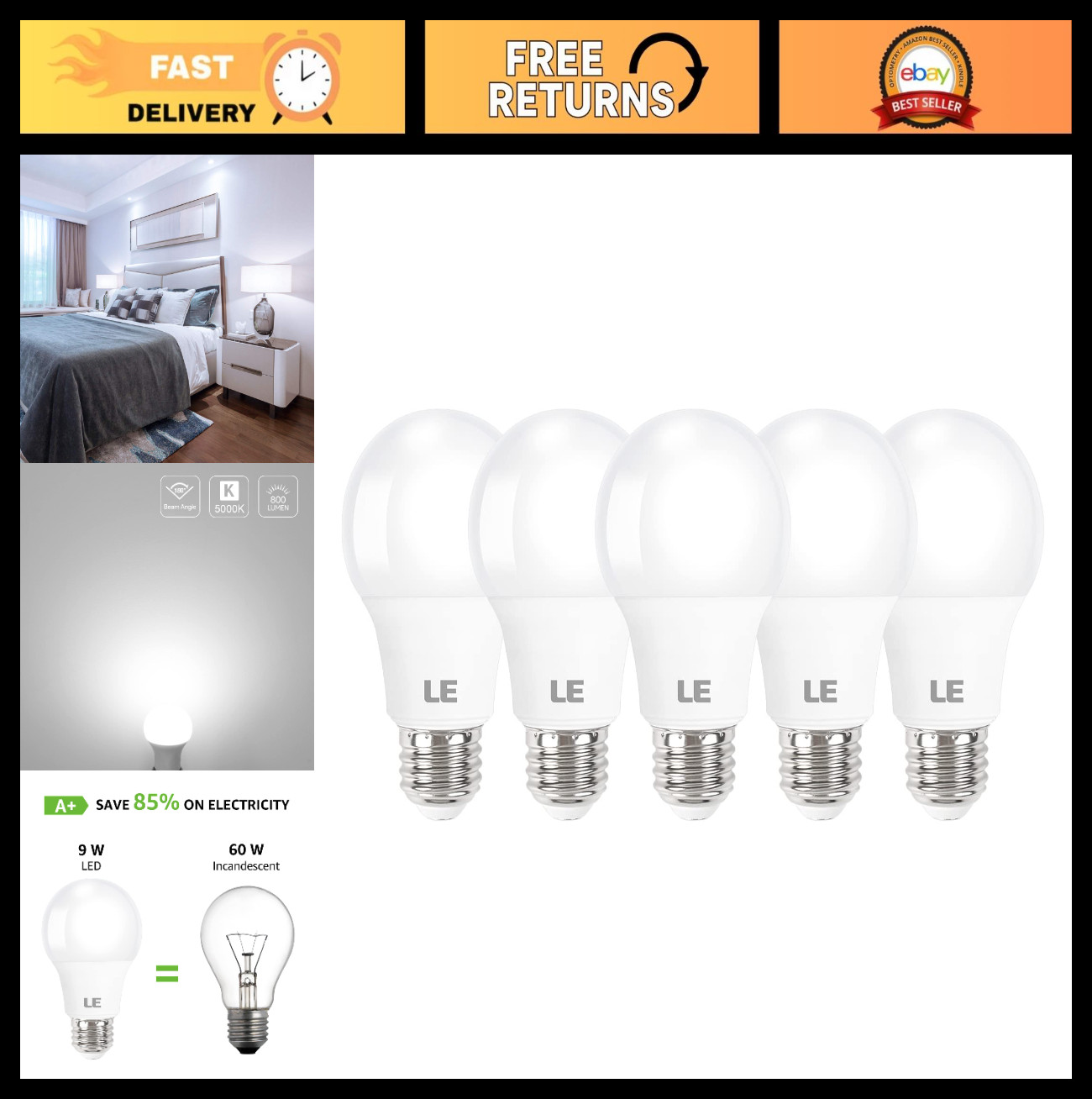 9W LED Light Bulbs 60W Equivalent, 800 Lumens, Daylight White 5000K, A19 E26, 5 gallery