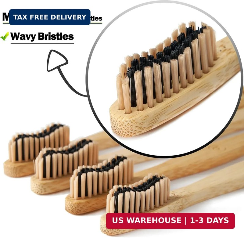 10 Count Bamboo Toothbrush (Soft+Medium) Charcoal Toothbrushes, Natural Wood Too gallery