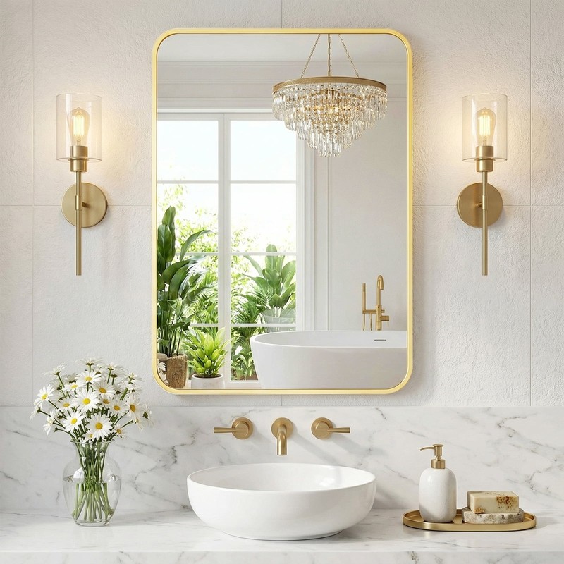20-48" Rectangular Bathroom Mirror w/Round Corners&Metal Frame,Wall Mounted Lean gallery