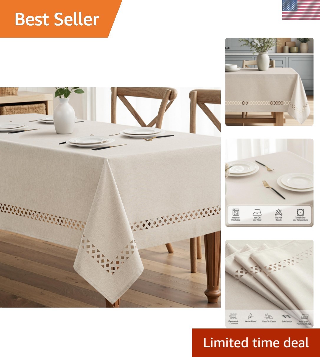 Beige Rectangle Linen Polyester Tablecloth with Decorative Cutouts Spring Wat... gallery