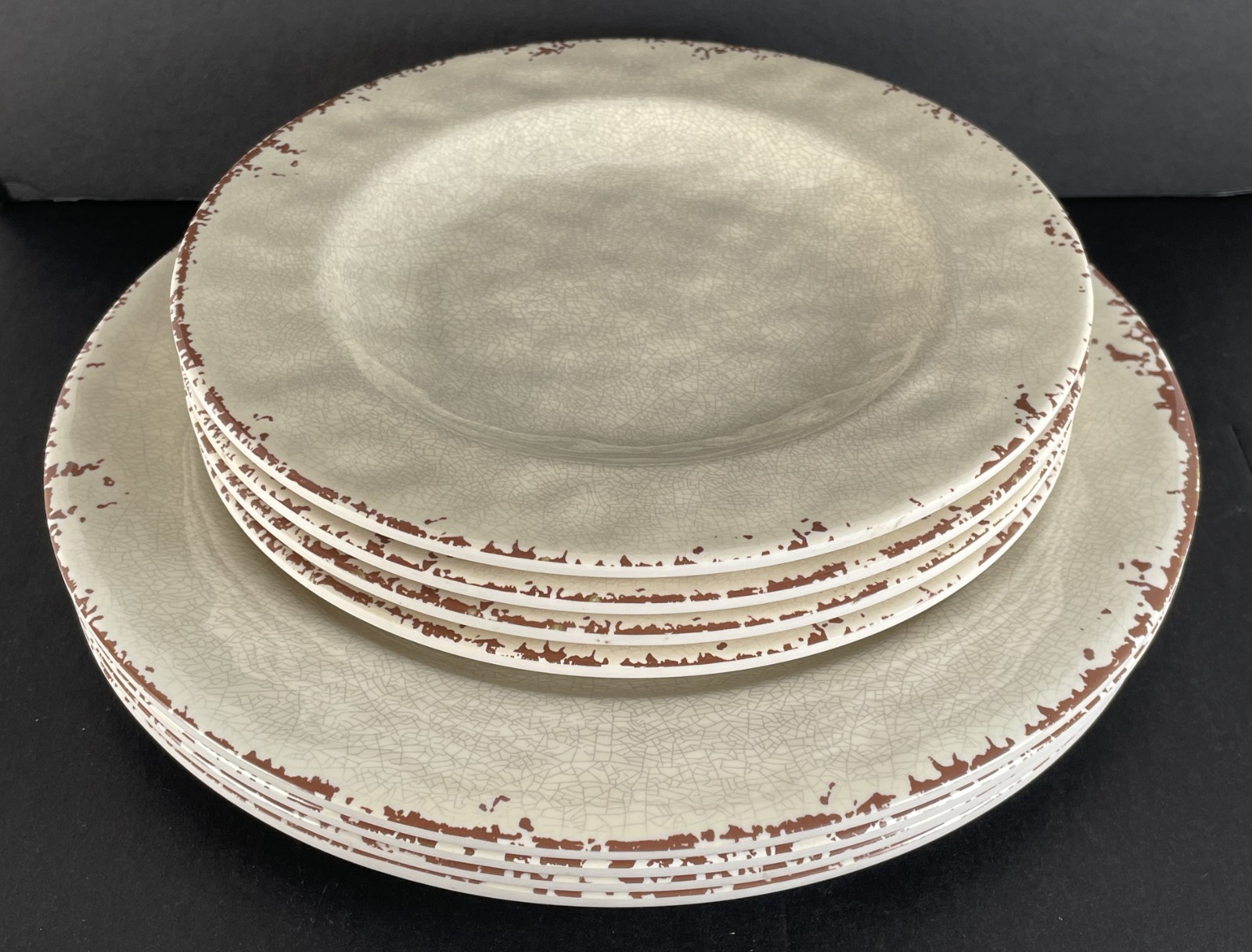 Gianna's Home Melamine Dinnerware Plate Set Farmhouse Crackle Ivory Brown 8 Pc gallery