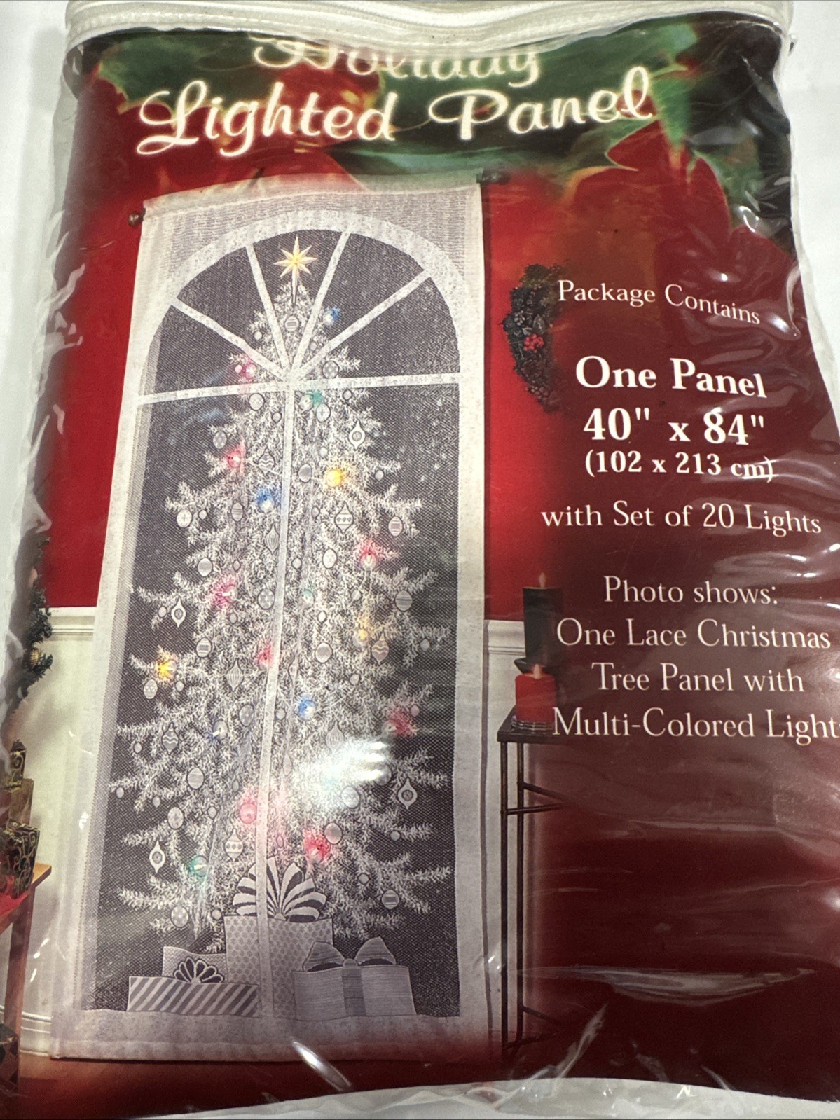 Christmas Tree Lace Curtain Panel 40" x 84" Quaker Lace 20 Light Kit Included gallery