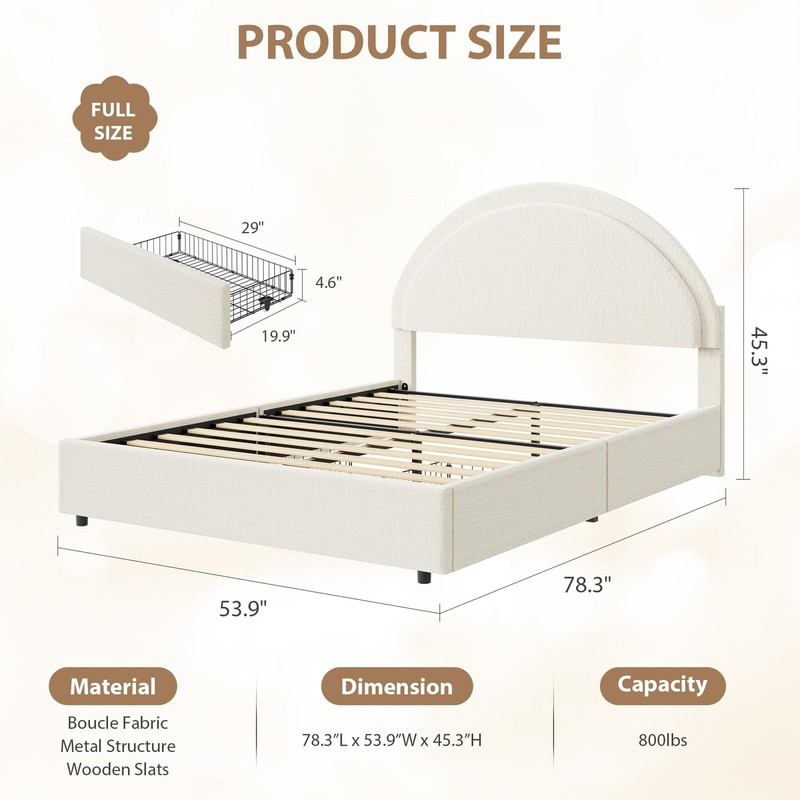 Full Size Bed Frame with 2 Drawers, Boucle Upholstered Platform Bed & Headboard gallery