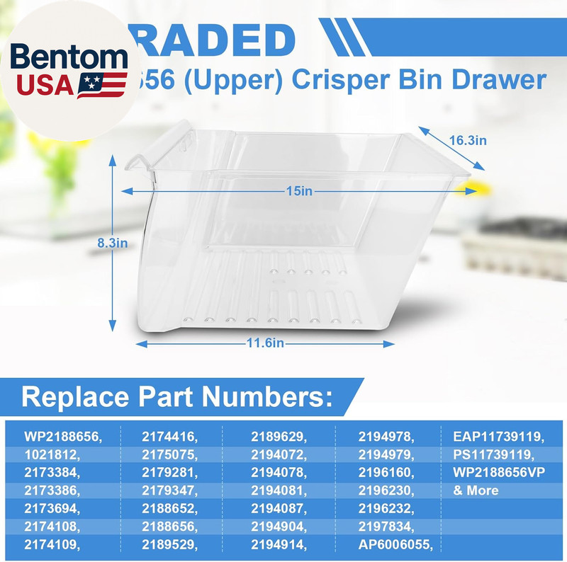 [2 PACK]UPGRADED 2188656 (Upper) Refrigerator Crisper Bin & 2188664 (Lower) Frid gallery