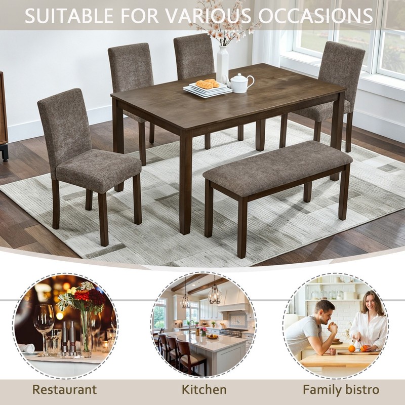 6-Piece Dining Table Set Wood Rectangular Rustic w/ 4 Upholstered Chairs & Bench gallery