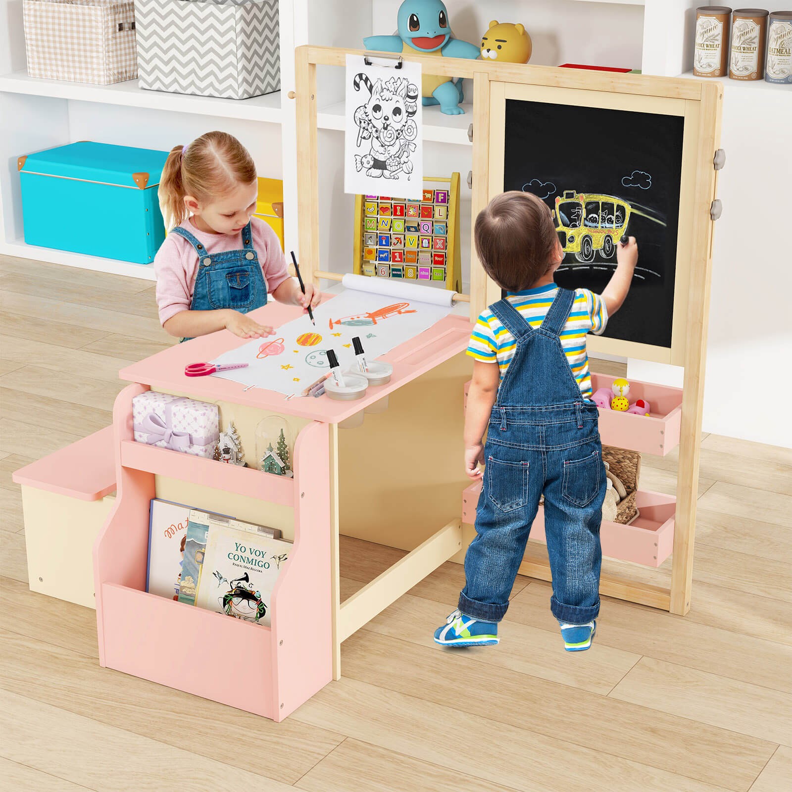 Kids Art Easel & Table & Bench Set w/Blackboard, Double-Sided Adjustable Easel gallery