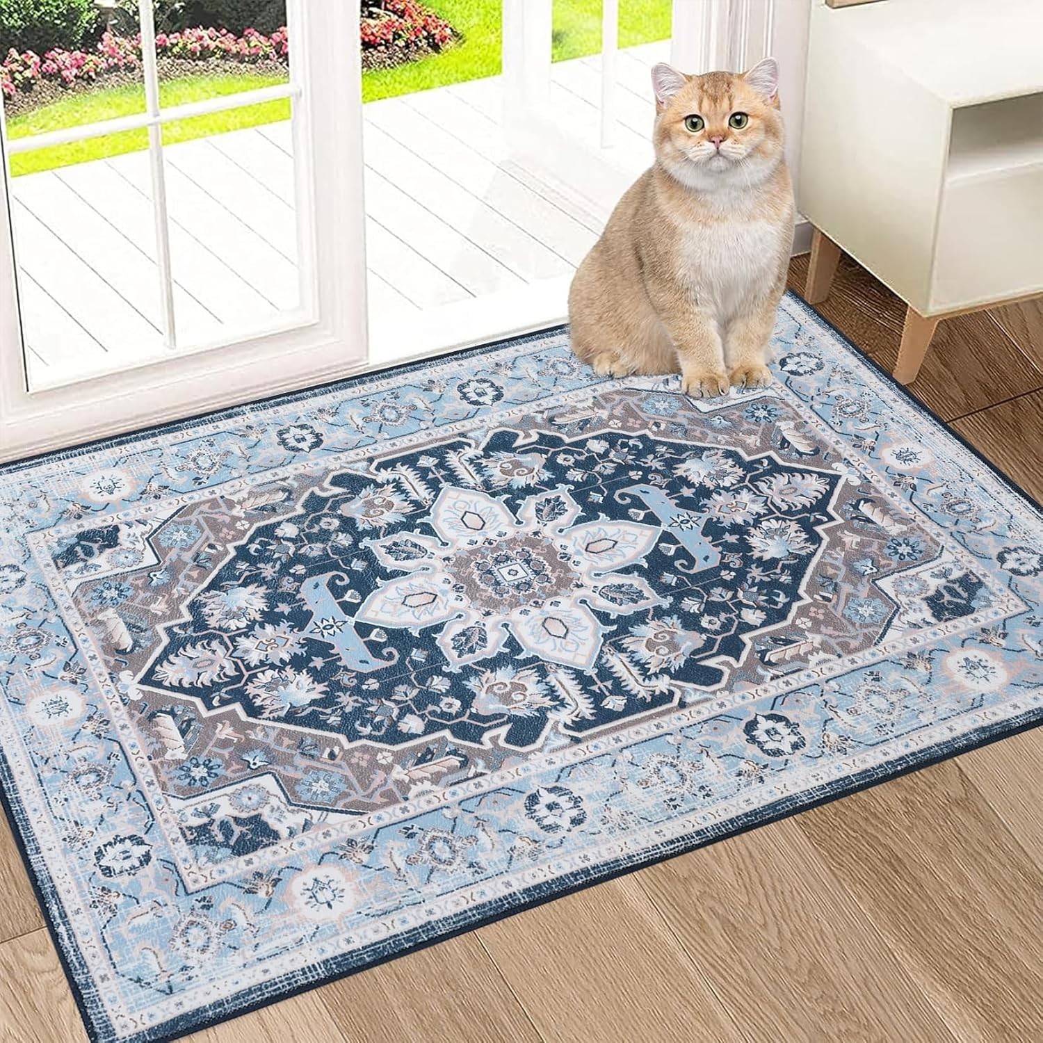 IMINROME Area Rug 2x3 Washable Small Blue Vintage Foldable Floral Low Pile gallery