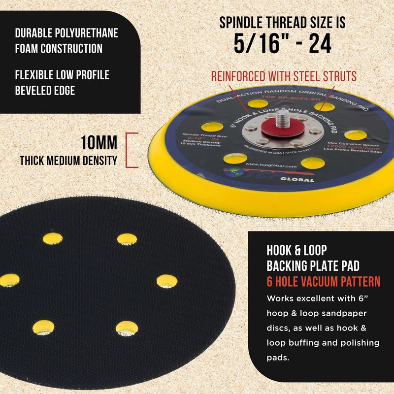 6" Hook & Loop DA Sander & Polisher Backing Plate Pad, 6 Hole, Dual-Action gallery