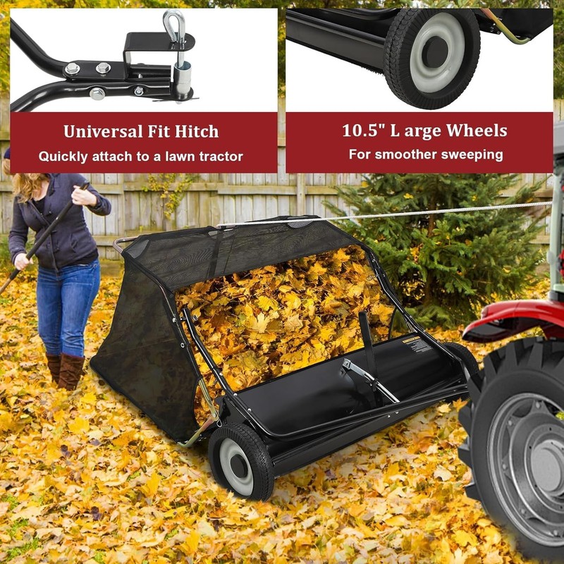 42"/44" Tow-Behind Lawn Sweeper Leaf Yard Collector Adjustable Sweeping Height gallery