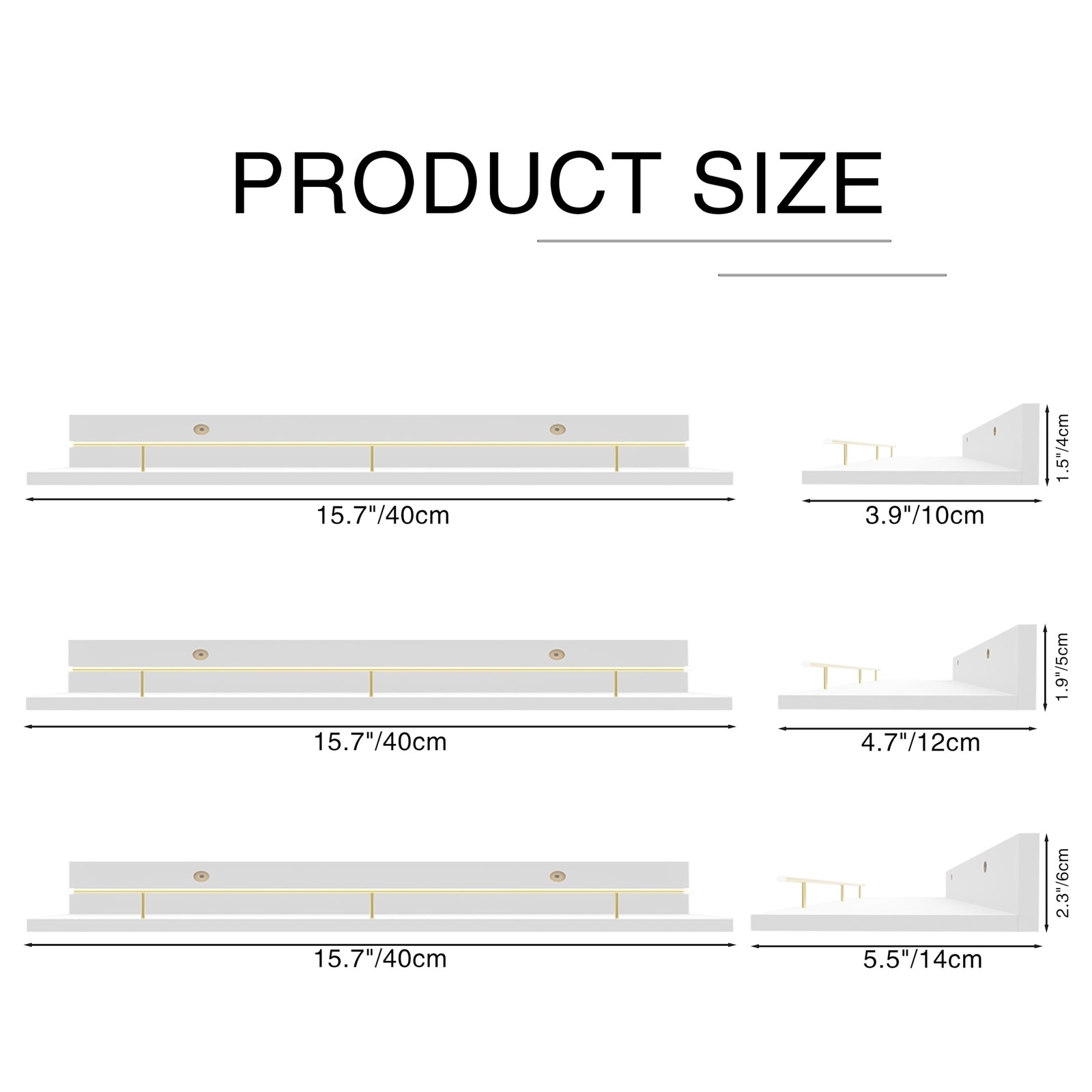 16 Inch White Floating Shelves with Gold Metal Guardrail, Wood Shelves for Wa... gallery
