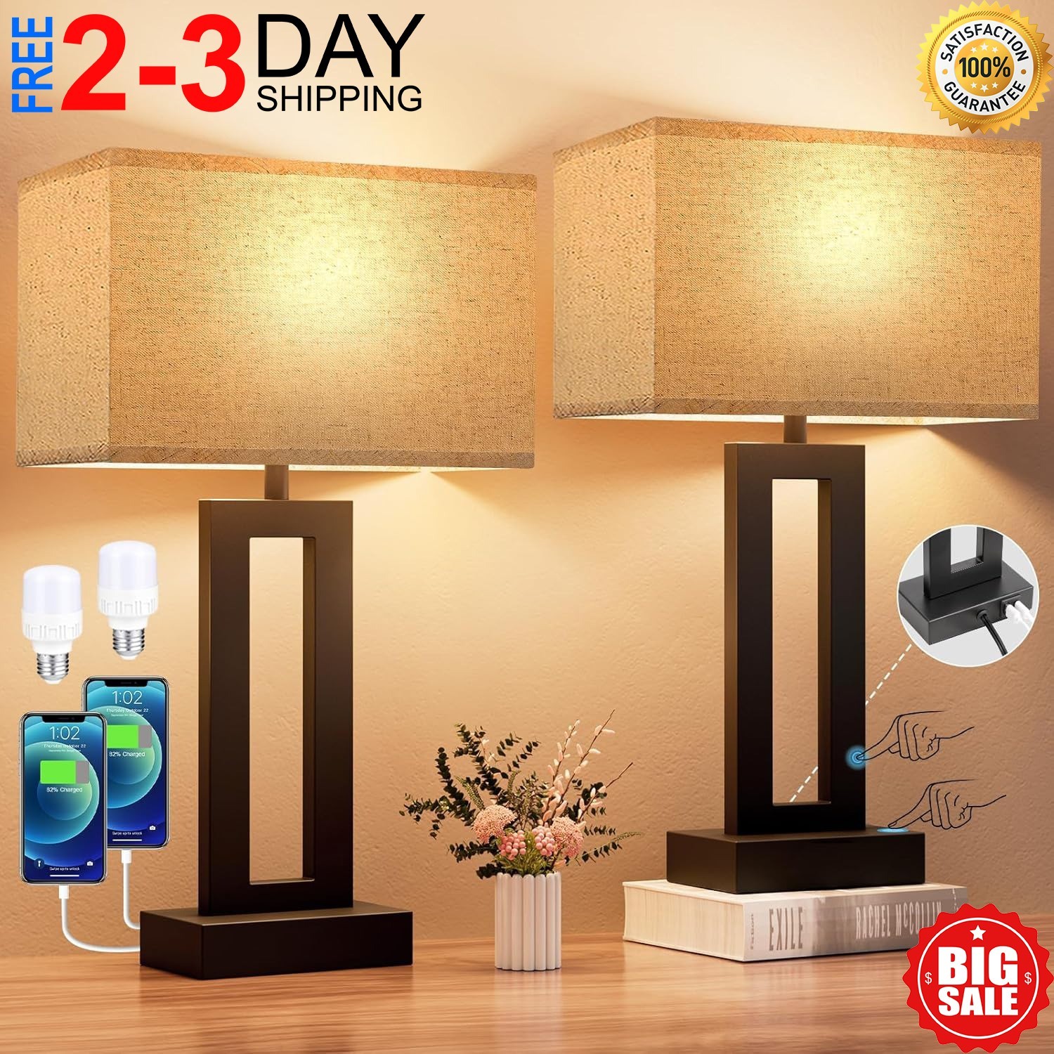 Nightstand Table Lamps for Bedrooms Set of 2 Touch Bedside Lamp with USB C+A gallery