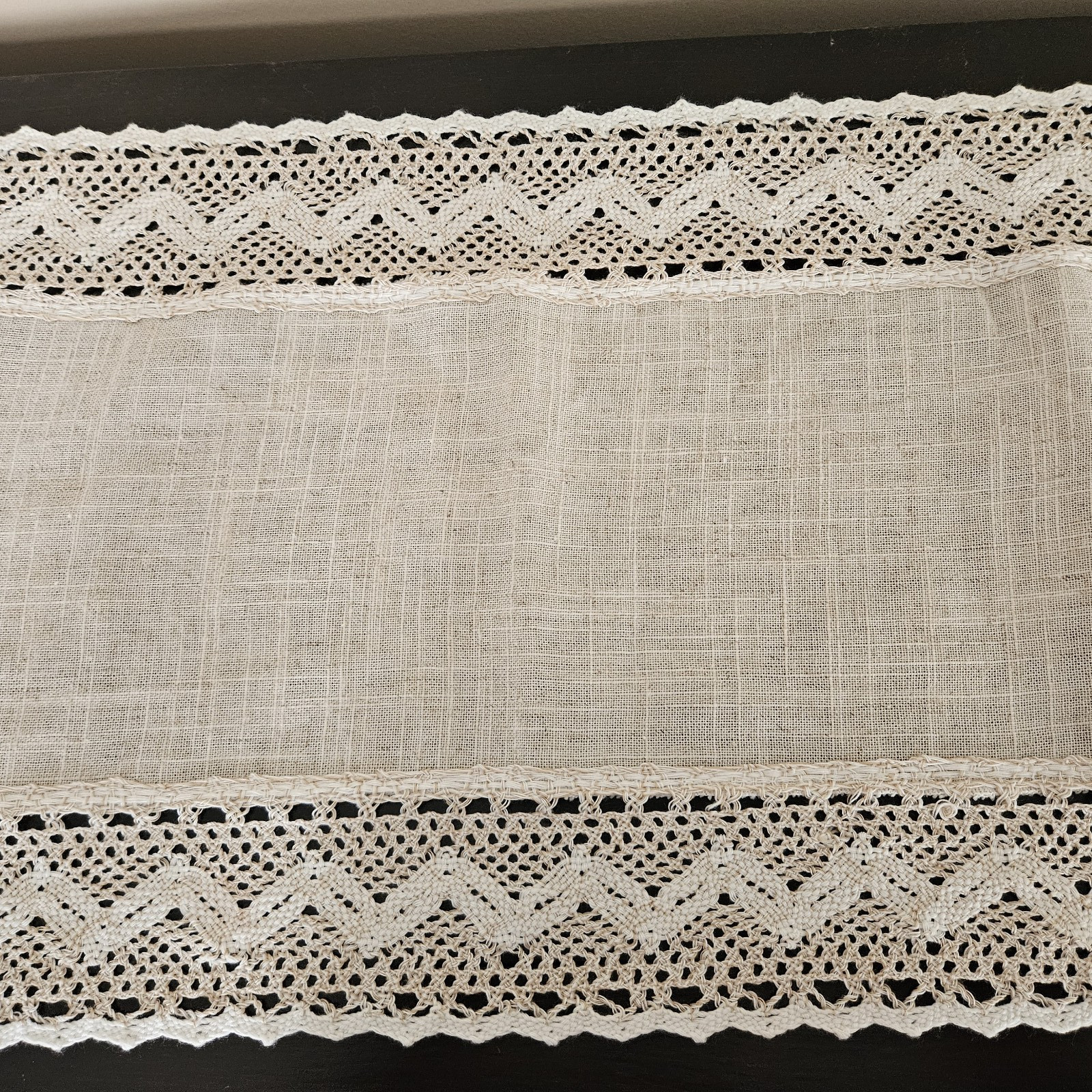 Small Table Topper Scarf Runner Beige with Ivory Crochet Accent 35" x 13" gallery