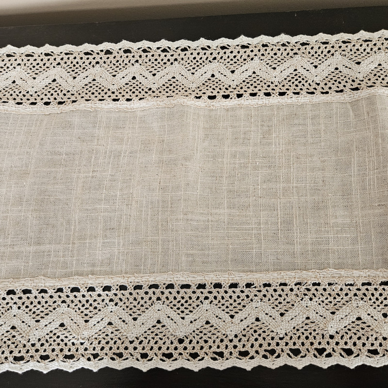 Small Table Topper Scarf Runner Beige with Ivory Crochet Accent 35" x 13" gallery