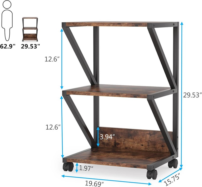 Industrial Printer Stand, 3-Tier Rolling Printer Cart Under Desk Storage shelf gallery