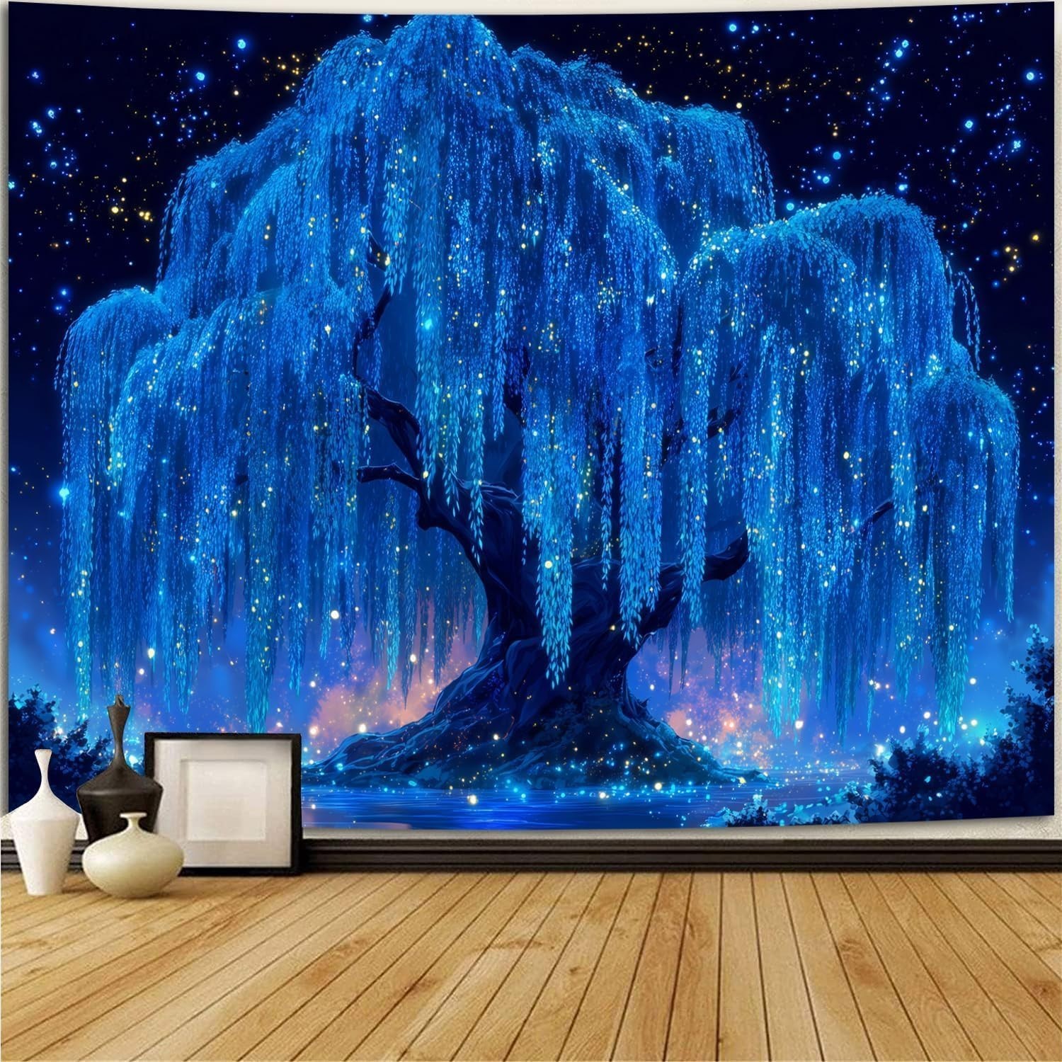 Blacklight Starry Night Tree Tapestry, UV Reactive Neon Willow Tree of Life Wall gallery
