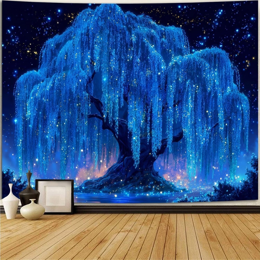Blacklight Starry Night Tree Tapestry, UV Reactive Neon Willow Tree of Life Wall