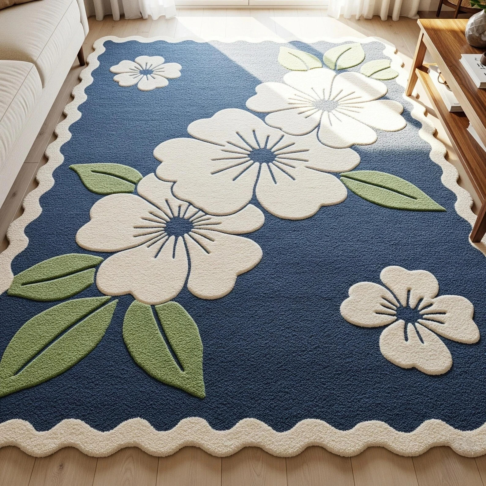 Blue White Green Hand Tufted Wool Rug, Modern Floral Scalloped Area Living Room gallery